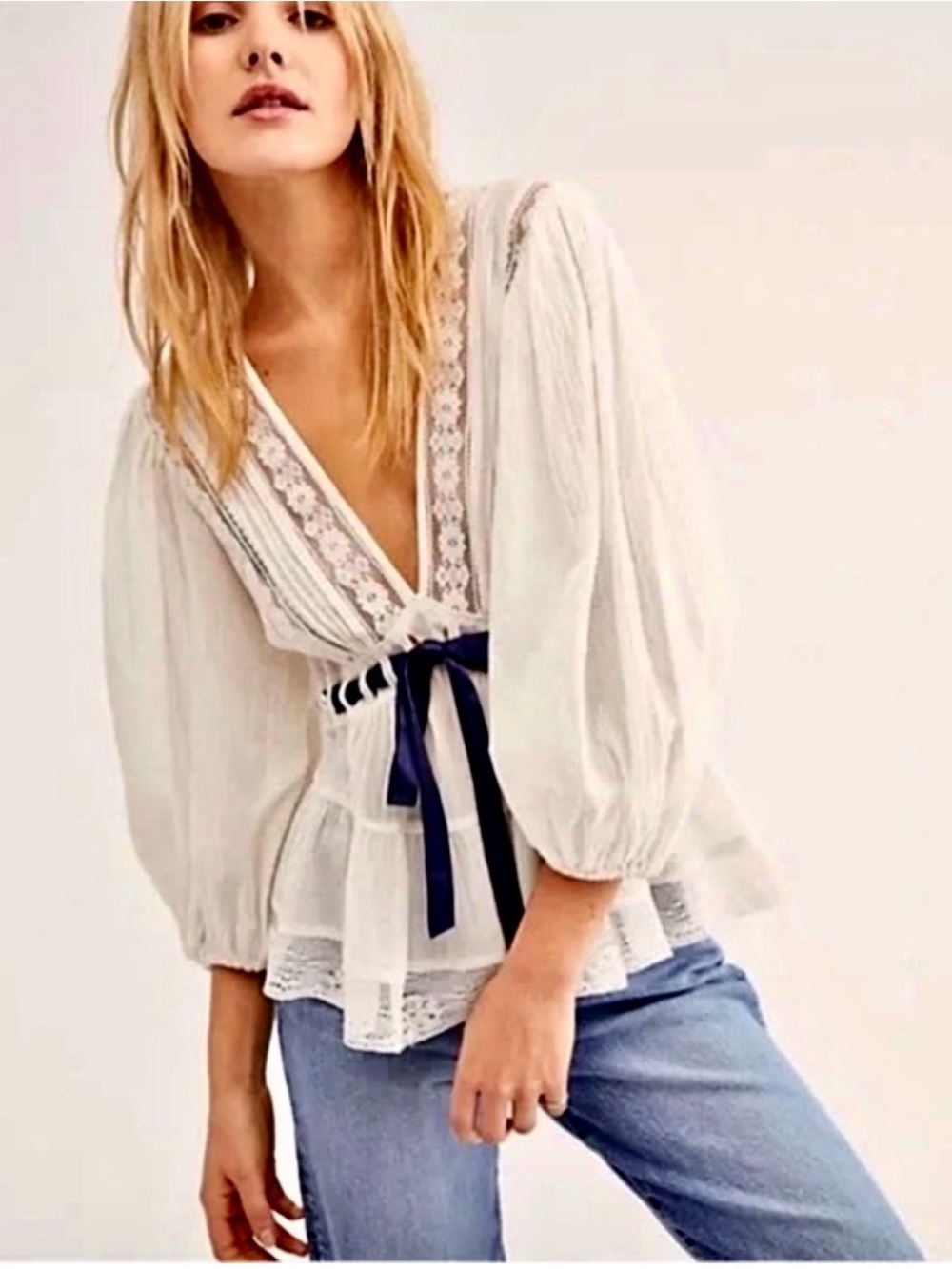 Free People Ivory Lace Peplum Blouse with Navy Ribbon MWOT - Picture 5 of 9